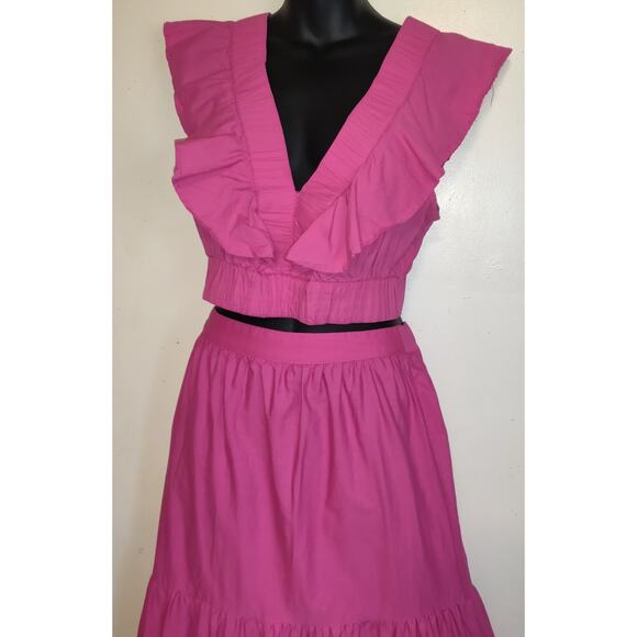 Bright Pink Peasant Maxi Dress 2pc L Tiered Boho Whimsigoth Ruffles Cropped - Picture 4 of 16